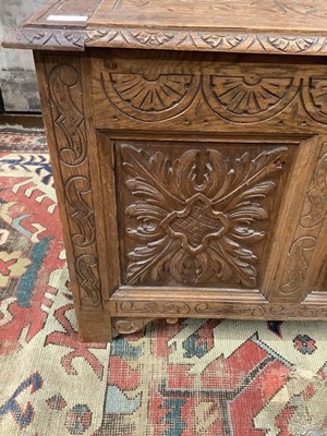 Lot 1424 - Art and Crafts carved oak coffer