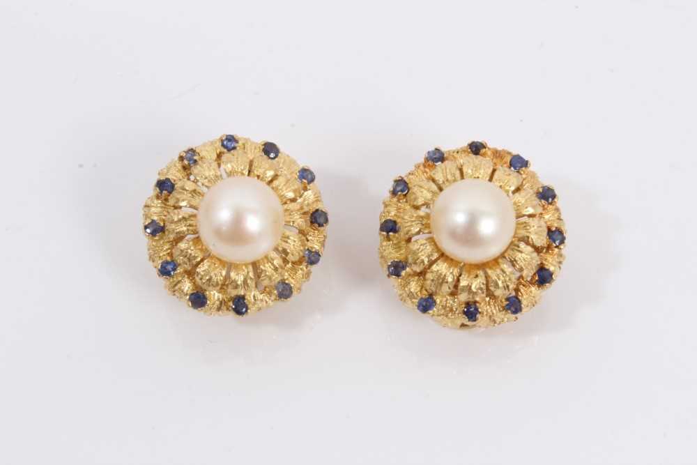 Lot 155 - Pair gold cultured pearl and sapphire flower head cluster earrings with clip on fittings