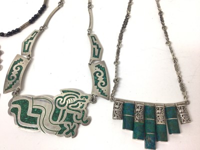 Lot 160 - Mexican silver necklace, buckle and hair clip, South American silver necklace and various abstract white metal pendants set with semi precious gem stones