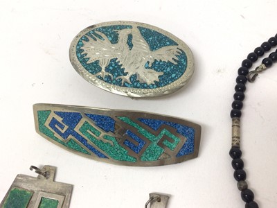 Lot 160 - Mexican silver necklace, buckle and hair clip, South American silver necklace and various abstract white metal pendants set with semi precious gem stones