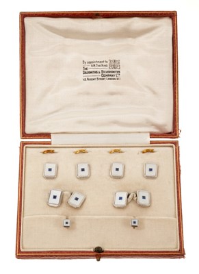 Lot 405 - Set of Art Deco 18ct gold, platinum and mother of pearl cufflinks and dress studs with blue sapphire centres, in fitted leather box