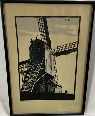 Lot 154 - Eric Hesketh Hubbard (1892 - 1957), Woodblock, Study of a Man approaching a Windmill, printed in two colours, signed in pencil by Hubbard and F.H. Whittington, in glazed frame.