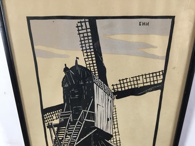 Lot 154 - Eric Hesketh Hubbard (1892 - 1957), Woodblock, Study of a Man approaching a Windmill, printed in two colours, signed in pencil by Hubbard and F.H. Whittington, in glazed frame.