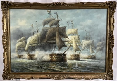 Lot 159 - James III Hardy (b 1937) oil on canvas laid down onto board, sea battle