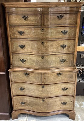 Lot 1457 - George III style figured burr walnut veneered chest on chest with serpentine front