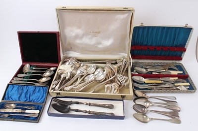 Lot 492 - Part set of 1930s Christofle silver plated Spatours pattern flatware comprising 12 dinner forks, 12 dessert spoons, 11 teaspoons, a table spoon and a soup ladle in a Christofle case, together with...