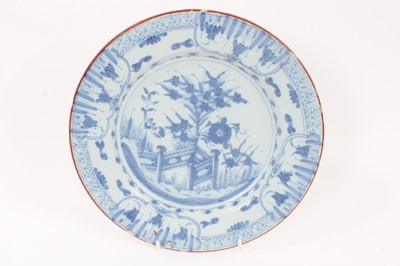 Lot 15 - Two 18th century blue and white English/Dutch delftware dishes, together with a larger delftware dish with piercrust rim measuring 29.5cm diameter (3)