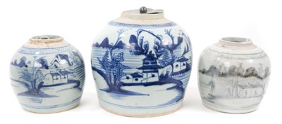 Lot 19 - A large 19th century Chinese blue and white ginger jar and pewter cover, together with two smaller ginger jars, the largest measuring 21.5cm high (3)