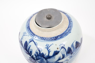 Lot 19 - A large 19th century Chinese blue and white ginger jar and pewter cover, together with two smaller ginger jars, the largest measuring 21.5cm high (3)
