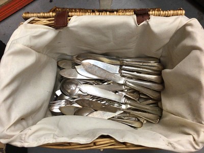 Lot 426 - Silver plated ware and wicker basket containing plated cutlery