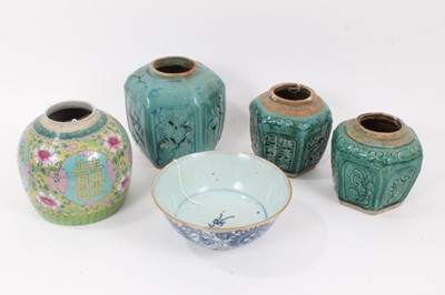 Lot 20 - Group of antique Chinese ceramics, including three green-glazed jars, a polychrome jar, and a blue and white bowl (5)