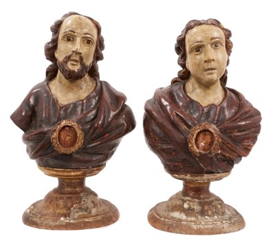 Lot 816 - Pair of 18th century Southern European carved wood and plaster reliquary busts