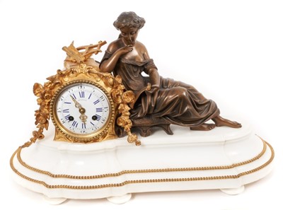 Lot 667 - 19th century French bronze and ormulu figural mantel clock on marble base (with key and pendulum)