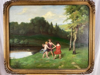 Lot 1284 - Weber, late 19th century, oil on canvas laid on board - frolicking figures beside a river, signed, 77cm x 97cm, in gilt frame