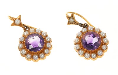 Lot 514 - Pair 15ct gold amethyst and seed pearl cluster earrings