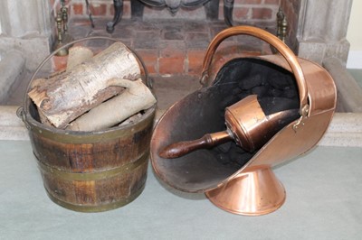 Lot 1239 - Antique brass bound fire bucket, together with a copper coal scuttle and scoop