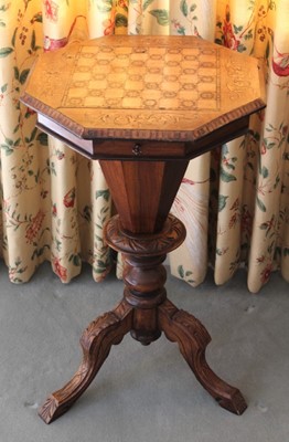 Lot 1245 - Victorian inlaid rosewood and mahogany trumpet shaped sewing table with inlaid chequer board octagonal top, original fitted interior, on carved tripod base, 45cm wide x 74cm high