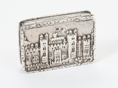 Lot 240 - Early Victorian silver castle top vinaigrette of rectangular form, with raised foliate borders, relieff Windsor Castle.