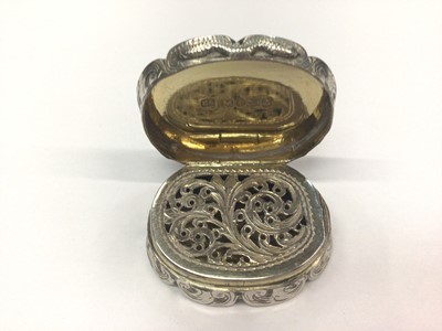 Lot 245 - Early Victorian silver castle top vinaigrette of shaped oval form, sunset river scene.
