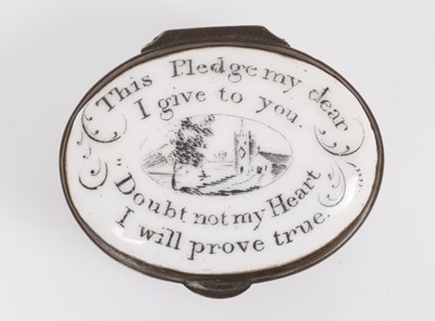 Lot 835 - South Staffordshire enamel patch box ‘This pledge my dear…’ circa 1800