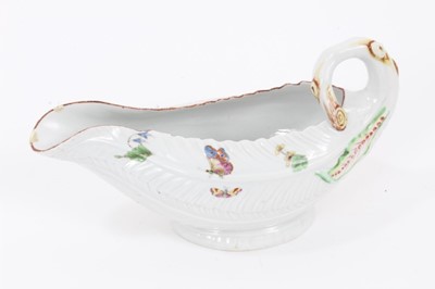 Lot 30 - A Worcester cos lettuce shaped sauce boat, painted in Meissen style, circa 1756