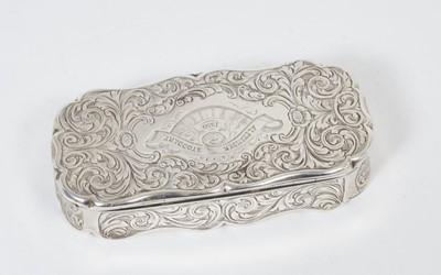 Lot 249 - Victorian silver snuff box of shaped rectangular form, with engraved foliate decoration
