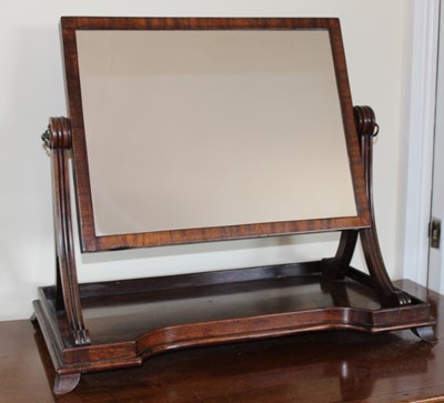 Lot 1254 - 19th century mahogany dressing table mirror with rectangular plate above a shaped plateau, on four splayed feet, 47cm high x 54cm wide x 31cm deep