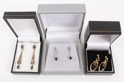 Lot 484 - Three pairs of sapphire and diamond earrings