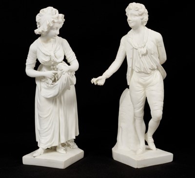 Lot 46 - A pair of Derby bisque figures of gardeners, late 18th/early 19th century, modelled standing on square bases, incised marks and model numbers 361 to bases, 25.5cm and 27cm high