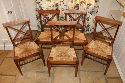 Lot 1259 - Set of five 19th century country fruitwood chairs with bar and X-formed backs and drop-in rush sets, on square taper legs