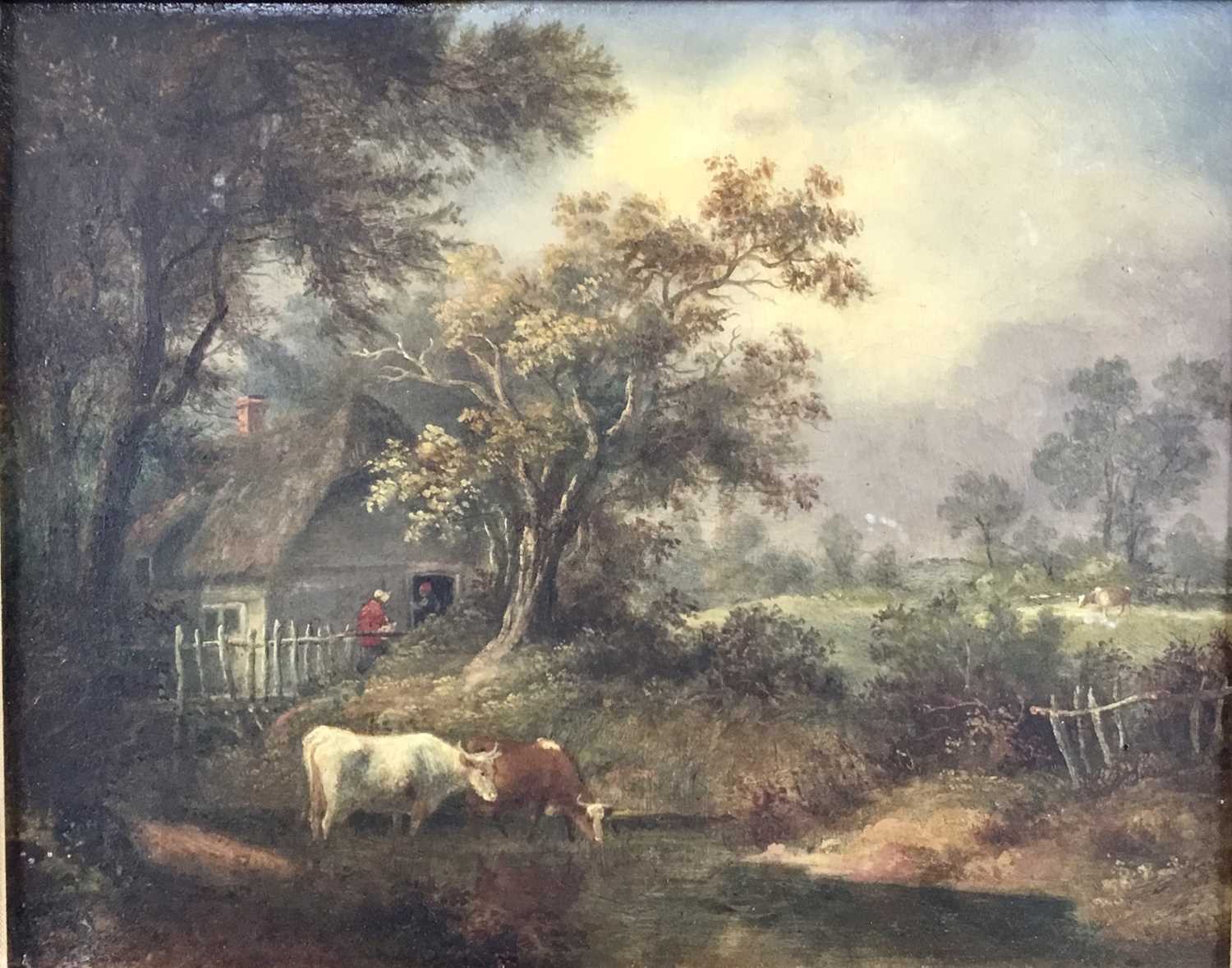 Lot 188 - English School, 19th century, oil on panel - cattle watering beside a cottage, indistinctly inscribed verso, in gilt frame