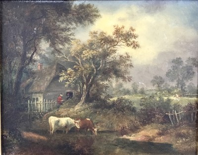 Lot 188 - English School, 19th century, oil on panel - cattle watering beside a cottage, indistinctly inscribed verso, in gilt frame
