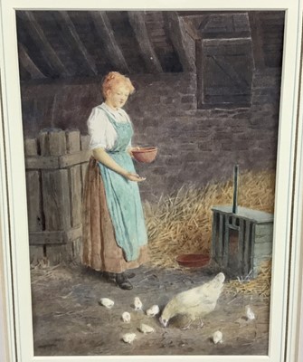 Lot 179 - Victorian English School watercolour - Feeding The Chickens, indistinctly signed, in glazed gilt frame