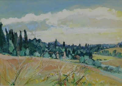 Lot 957 - Anthony Atkinson (1929-2014) gouache - Provençal Landscape near Le Pöet- Célard, signed, in glazed frame