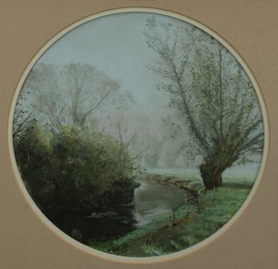 Lot 953 - *Margaret Glass circular pastel - River Deben near Cretingham, 1979, initialled, in 
glazed frame