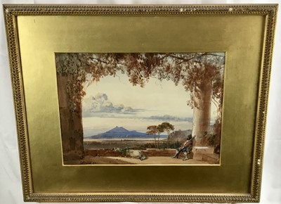 Lot 127 - English School, 19th century, watercolour - figure in classical landscape, indistinctly signed, in glazed gilt frame