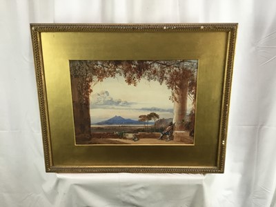 Lot 127 - English School, 19th century, watercolour - figure in classical landscape, indistinctly signed, in glazed gilt frame