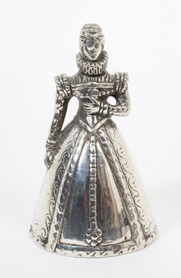 Lot 383 - 19th century Dutch silver table bell in the form of a lady in 17th century costume, 10.5cm in overall height