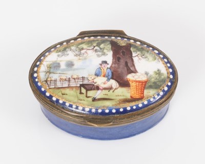 Lot 830 - A South Staffordshire enamel patch box, with rural scene, circa 1800