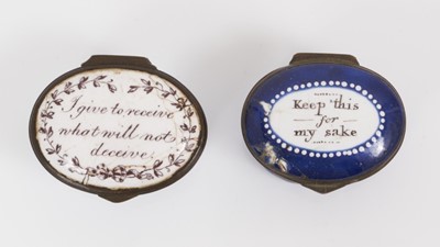 Lot 837 - Two South Staffordshire enamel patch boxes with inscriptions, circa 1800