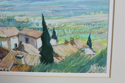 Lot 958 - Anthony Atkinson (1929-2014) gouache - Provençal Landscape, Rooftops of Le Barroux, signed, in glazed frame