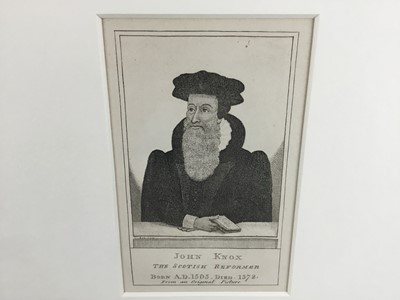 Lot 211 - Antique black and white engraving - portrait of John Knox, The Scottish Reformer, 15cm x 9.5cm, overall framed size 43cm x 33cm, together with an engraving after Sir David Wilkie depicting John Kno...