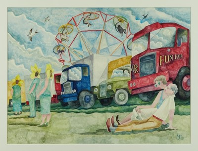 Lot 969 - *Michael Coulter (b.1937) watercolour - Carnival, initialled and dated '90, titled verso, 41cm x 55cm, in glazed frame