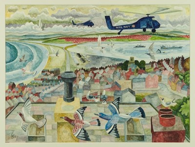 Lot 970 - *Michael Coulter (b.1937) watercolour - Chesil Beach & Portland Harbour, initialled and dated '91, 41cm x 55cm, in glazed frame