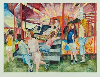 Lot 971 - *Michael Coulter (b.1937) watercolour - Girls & Waltzer, initialled and dated '90, titled verso, 38cm x 50cm, in glazed frame