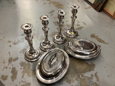 Lot 295 - Set of four Victorian silver plated candlesticks and two silver plated entree dishes
