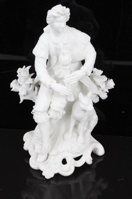 Lot 53 - A pair of Derby bisque figures of a shepherd and shepherdess, shown seated on scrolled rococo bases, the shepherd playing bagpipes and with a hound by his side, the shepherdess playing the lute wit...