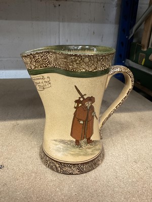 Lot 242 - Victorian folding portable face screen in original fitted leather box, Royal Doulton Night Watchman jug, Royal Doulton Gandalf figure, costume jewellery, bijouterie and sundries