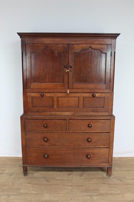 Lot 1261 - George III Welsh oak two height panelled livery cupboard, the upper section enclosed by the fielded panel arched doors, with hinged section below, the base having two short and two long graduated d...