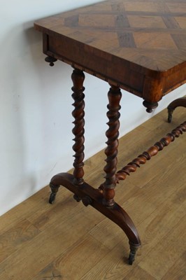 Lot 1263 - Mid Victorian rosewood and parquetry side table, rounded rectangular specimen wood inlaid top over reel moulded frieze with concealed drawer, on barley twist understructure and castors, 91cm wide x...